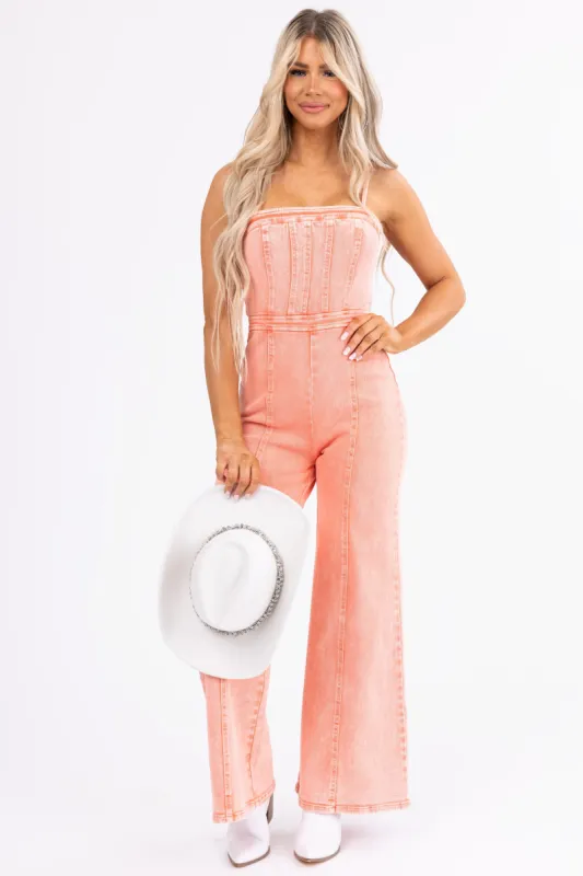 Flying Tomato Coral Washed Sleeveless Denim Jumpsuit sold by Lime Lush