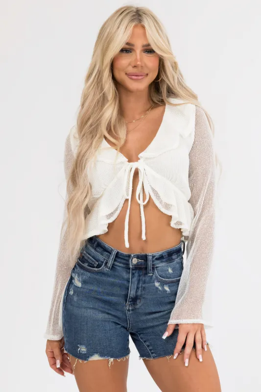 Cream Long Sleeve Mesh Top with Front Tie sold by Lime Lush