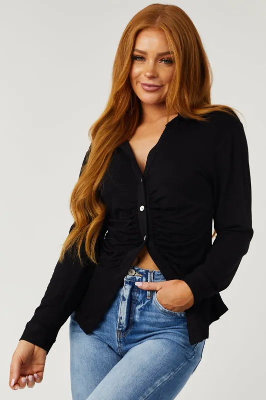 Black Button Down Ruched Front Long Sleeve Top sold by Lime Lush