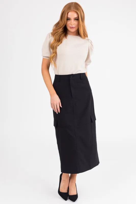 Black Cargo Midi Skirt with Pockets sold by Lime Lush