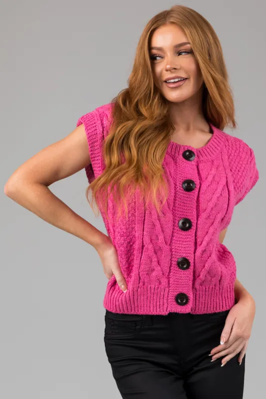 Magenta Thick Cable Knit Button Sweater Vest sold by Lime Lush