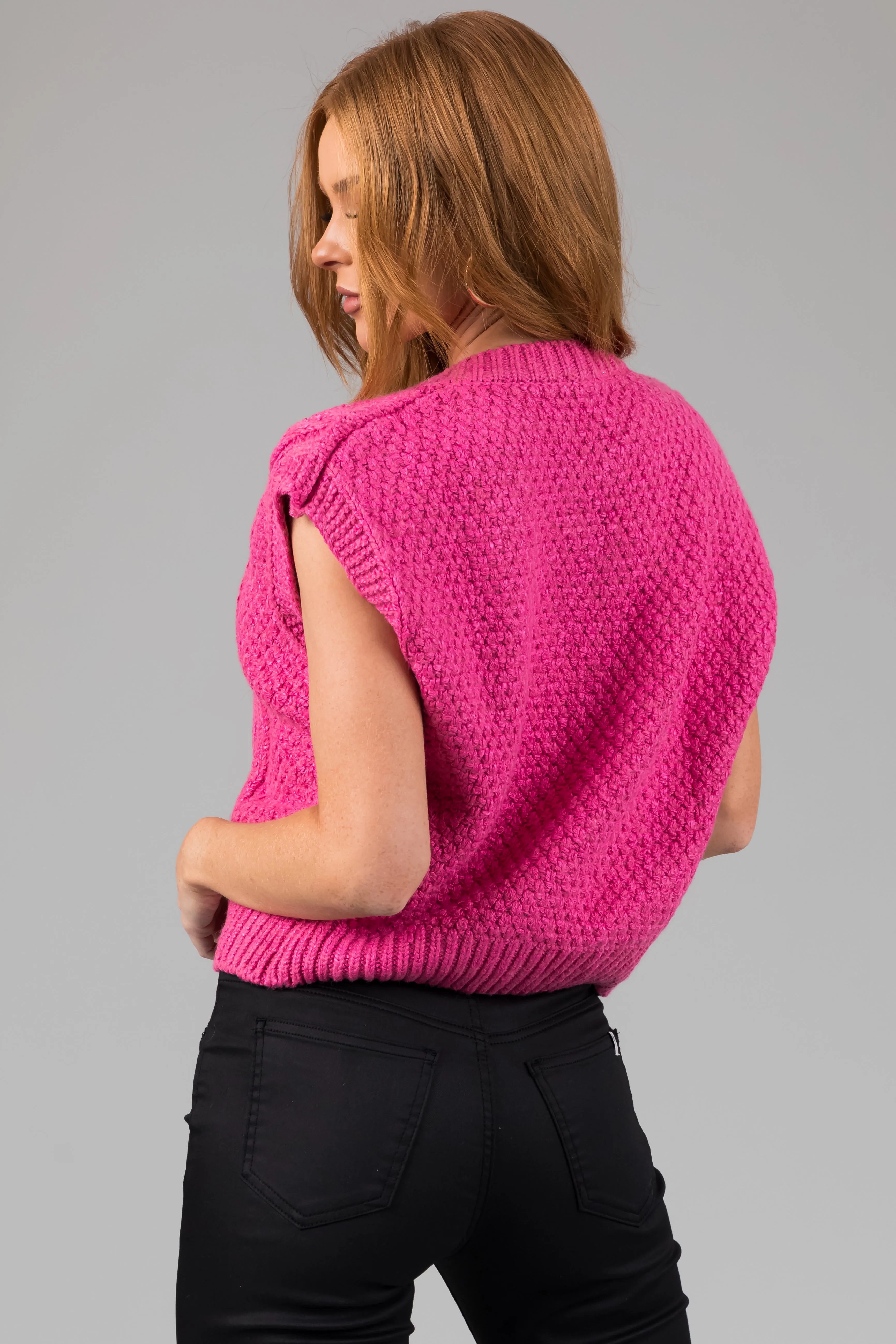 Magenta Thick Cable Knit Button Sweater Vest sold by Lime Lush product image thumbnail 4