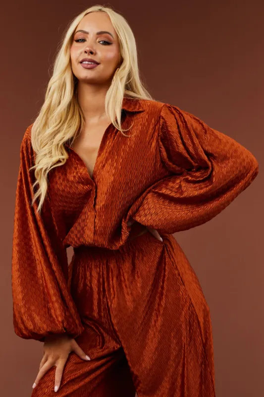 Flying Tomato Caramel Wavy Textured Satin Elastic Hem Blouse sold by Lime Lush