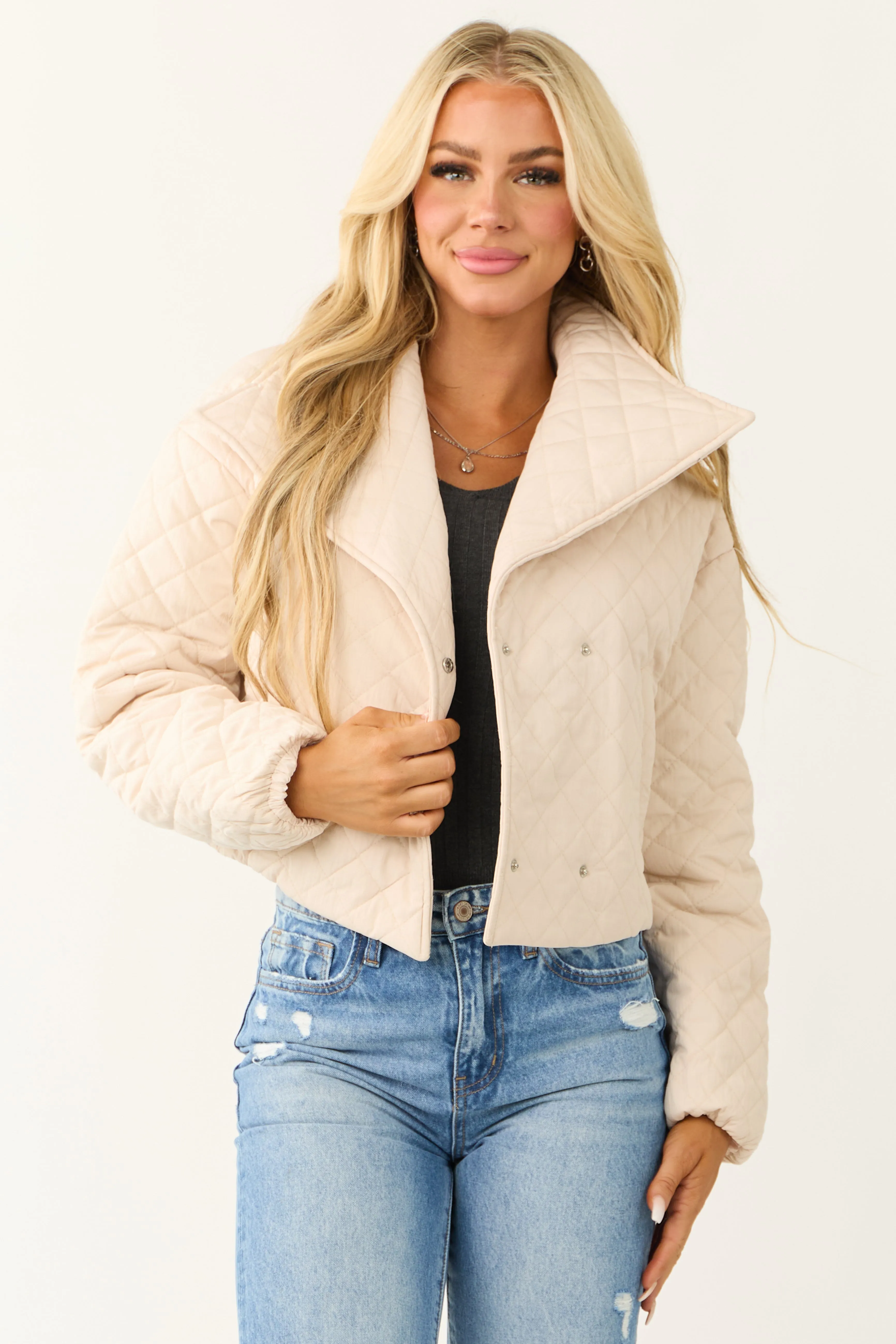 Champagne Quilted Cropped Puffer Jacket sold by Lime Lush