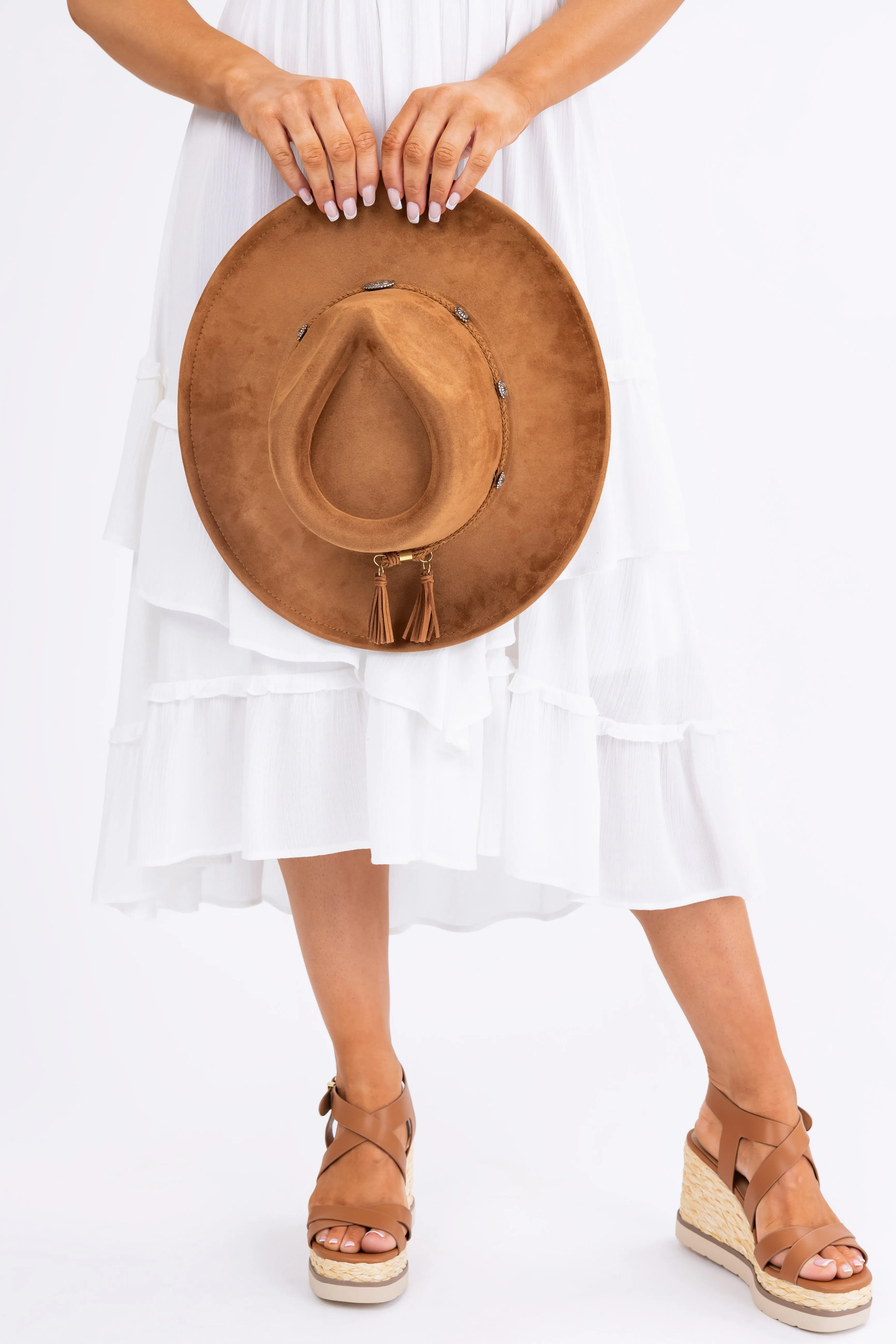 Cognac Braided Tassel Strap Suede Hat sold by Lime Lush product image thumbnail 5