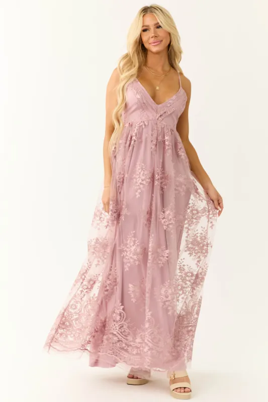 Mauve Floral Detail Sleeveless Maxi Dress sold by Lime Lush