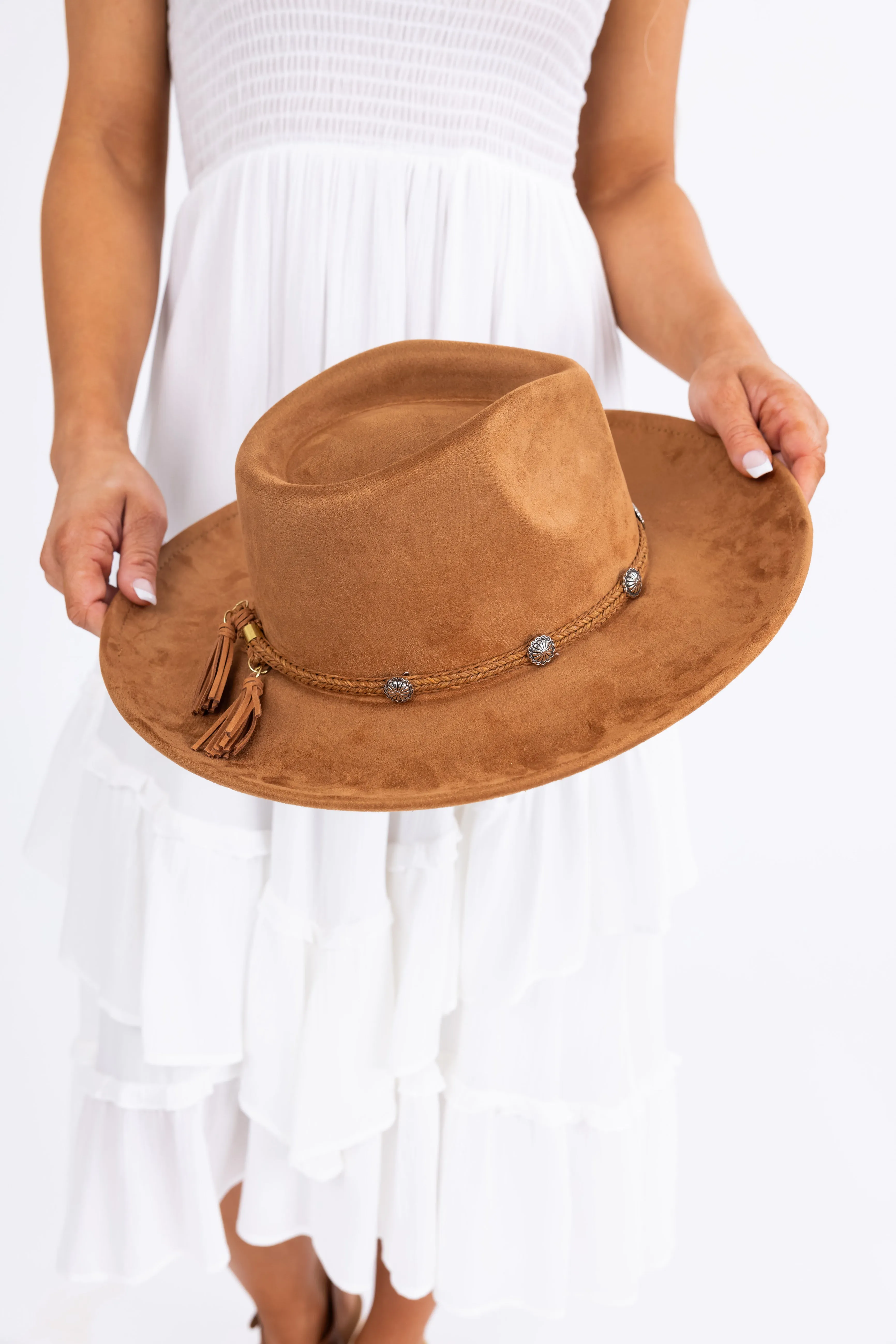 Cognac Braided Tassel Strap Suede Hat sold by Lime Lush product image thumbnail 4