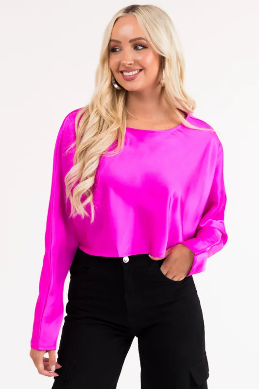 Magenta Long Sleeve Satin Cropped Blouse sold by Lime Lush