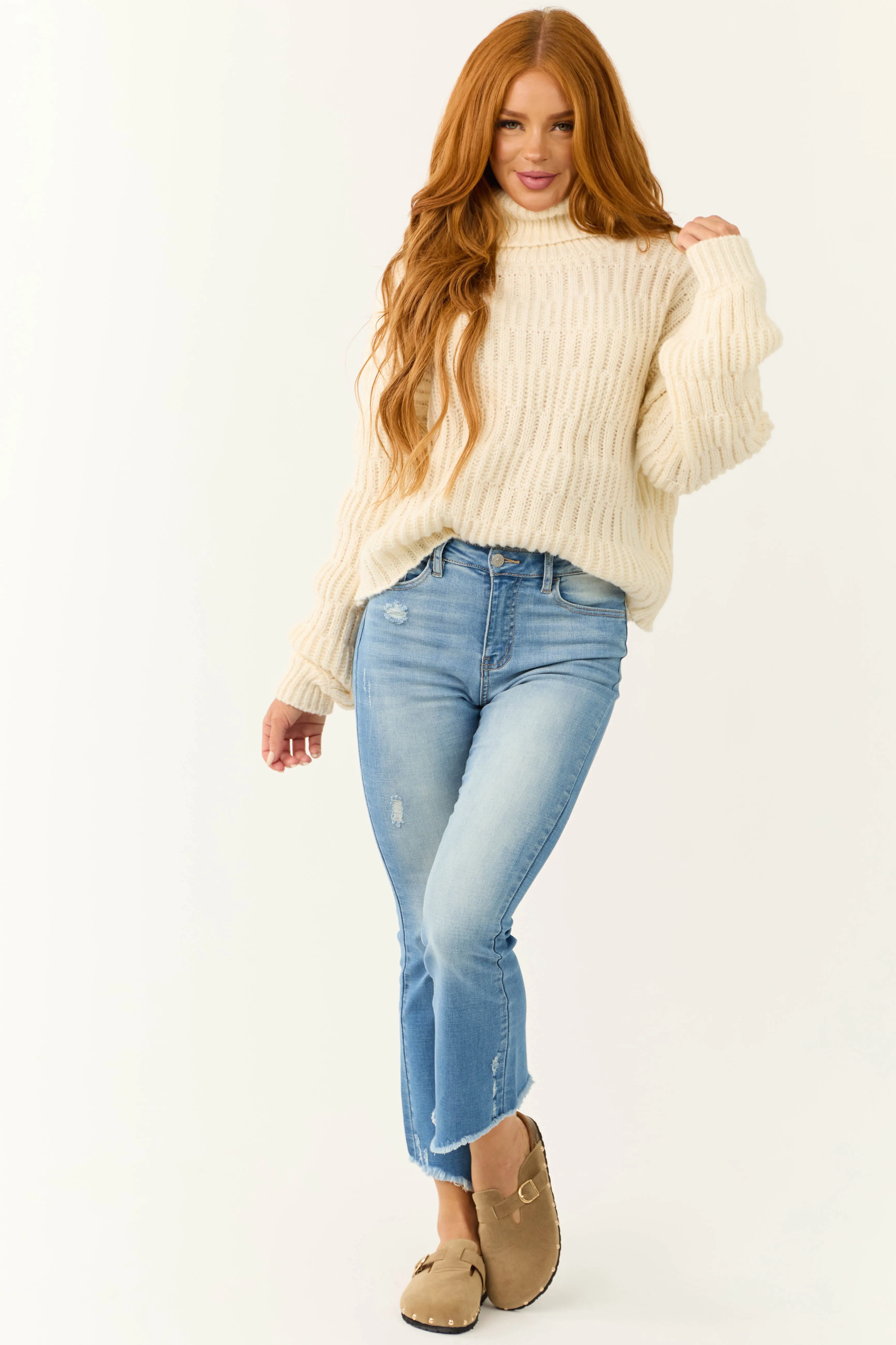 Cream Soft Knit Textured Turtleneck Sweater sold by Lime Lush product image thumbnail 3