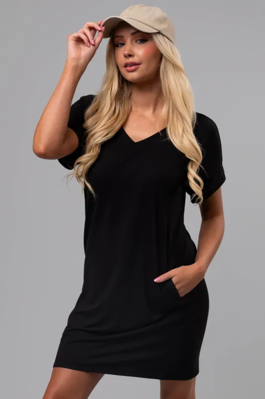 Black Soft V Neck Short Sleeve Mini Dress sold by Lime Lush