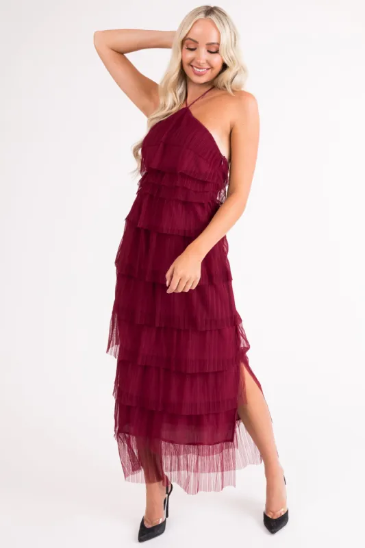 Burgundy Halter Tiered Pleated Tulle Midi Dress sold by Lime Lush