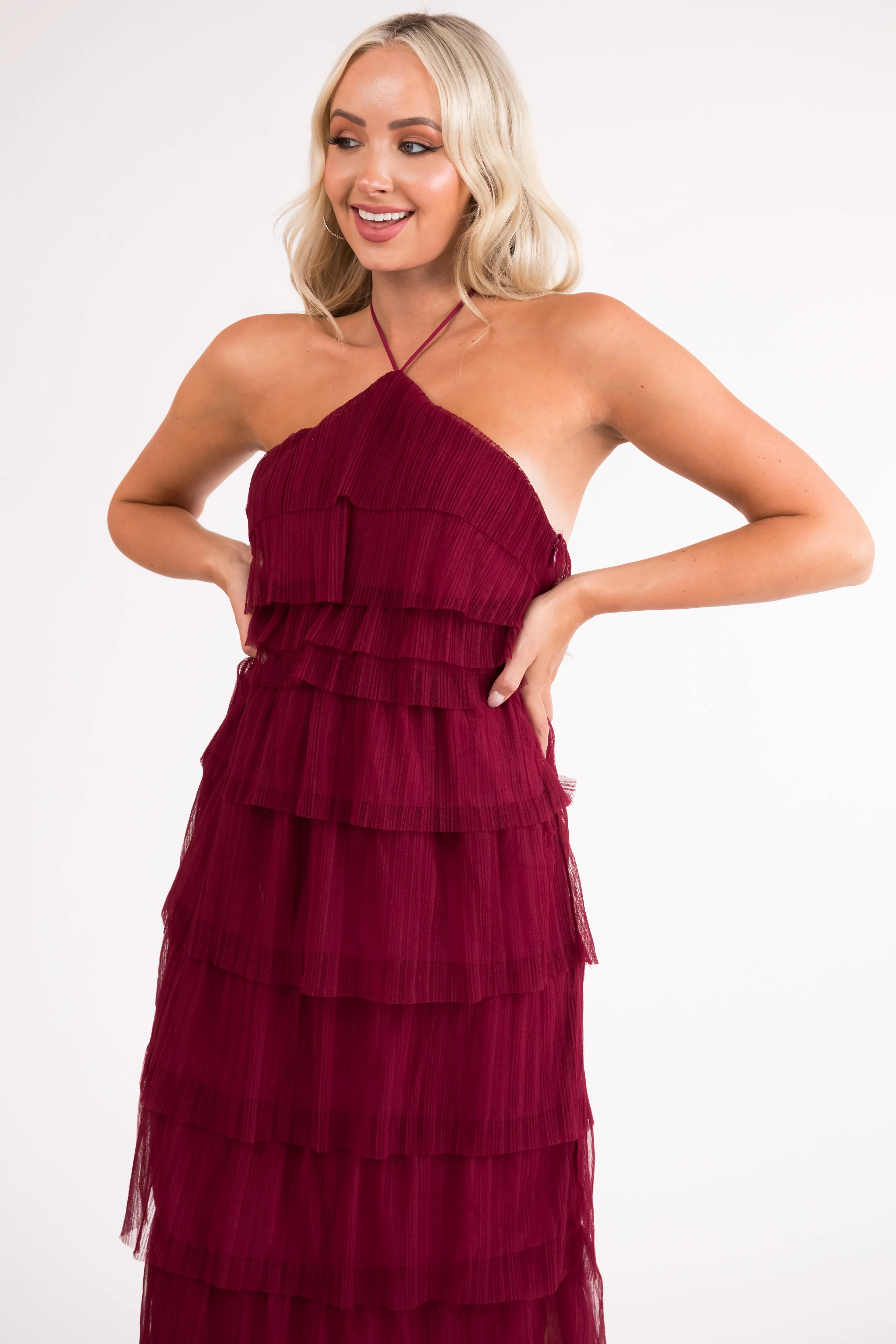 Burgundy Halter Tiered Pleated Tulle Midi Dress sold by Lime Lush product image thumbnail 5