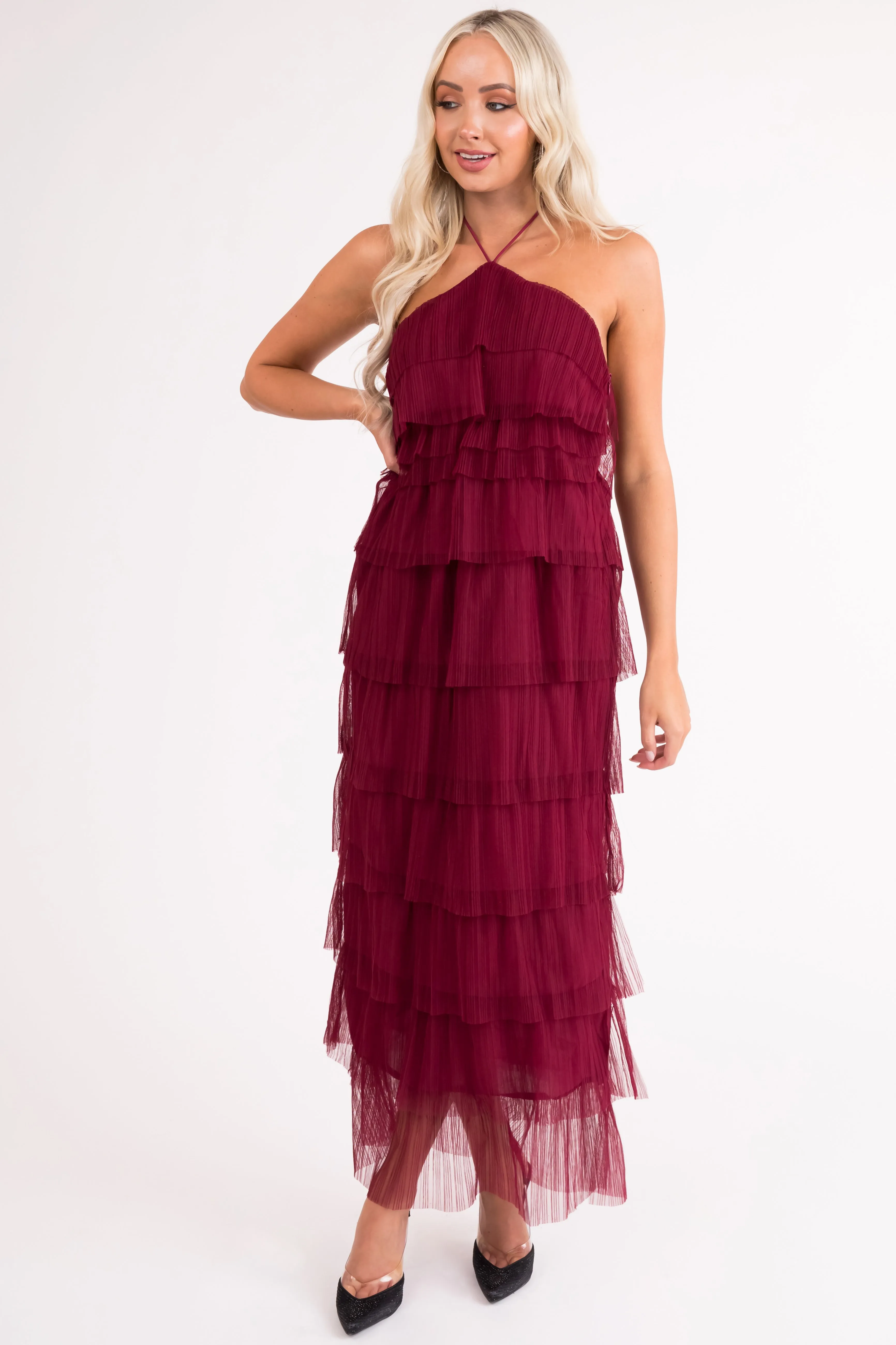 Burgundy Halter Tiered Pleated Tulle Midi Dress sold by Lime Lush product image thumbnail 3