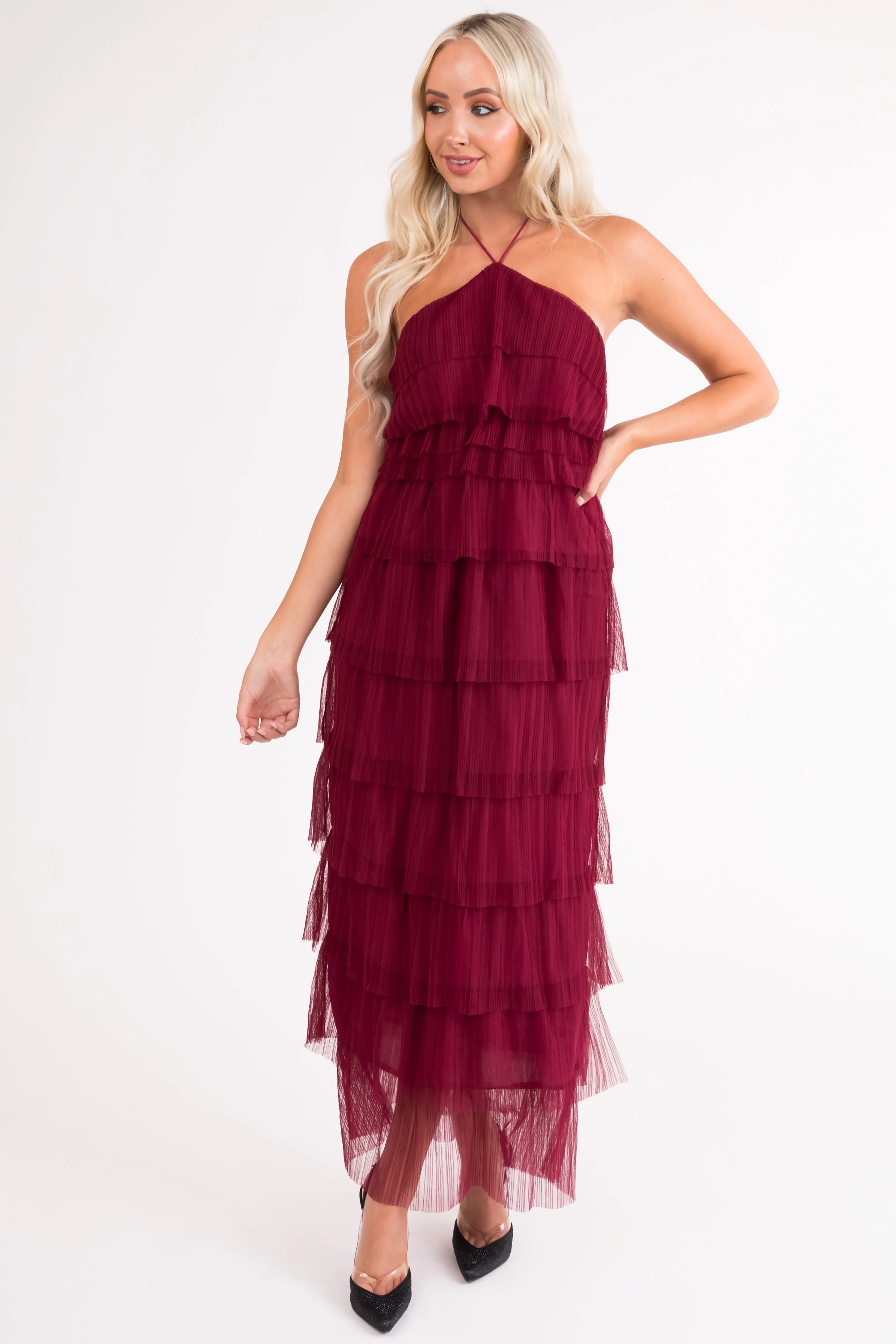 Burgundy Halter Tiered Pleated Tulle Midi Dress sold by Lime Lush product image thumbnail 2