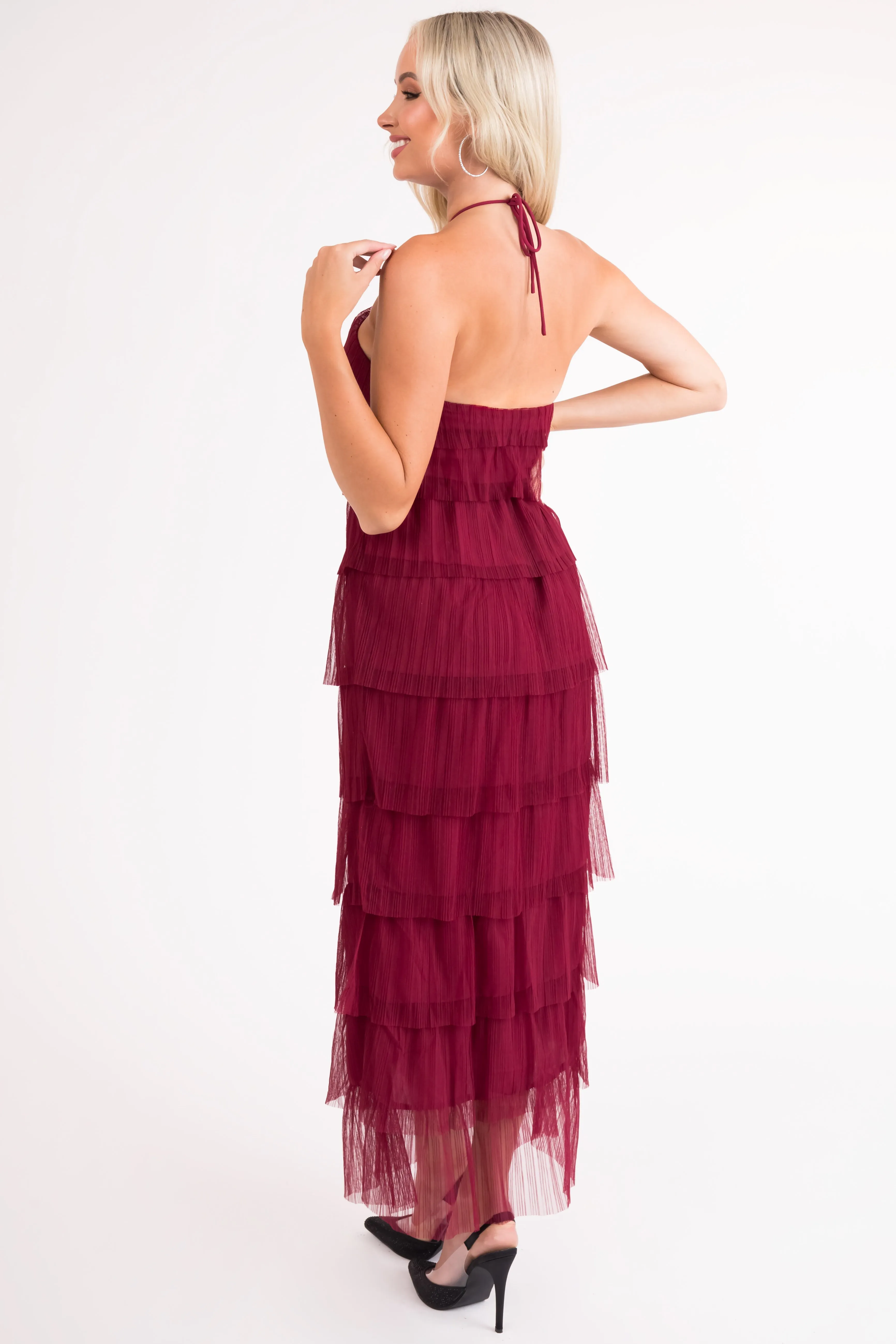 Burgundy Halter Tiered Pleated Tulle Midi Dress sold by Lime Lush product image thumbnail 4