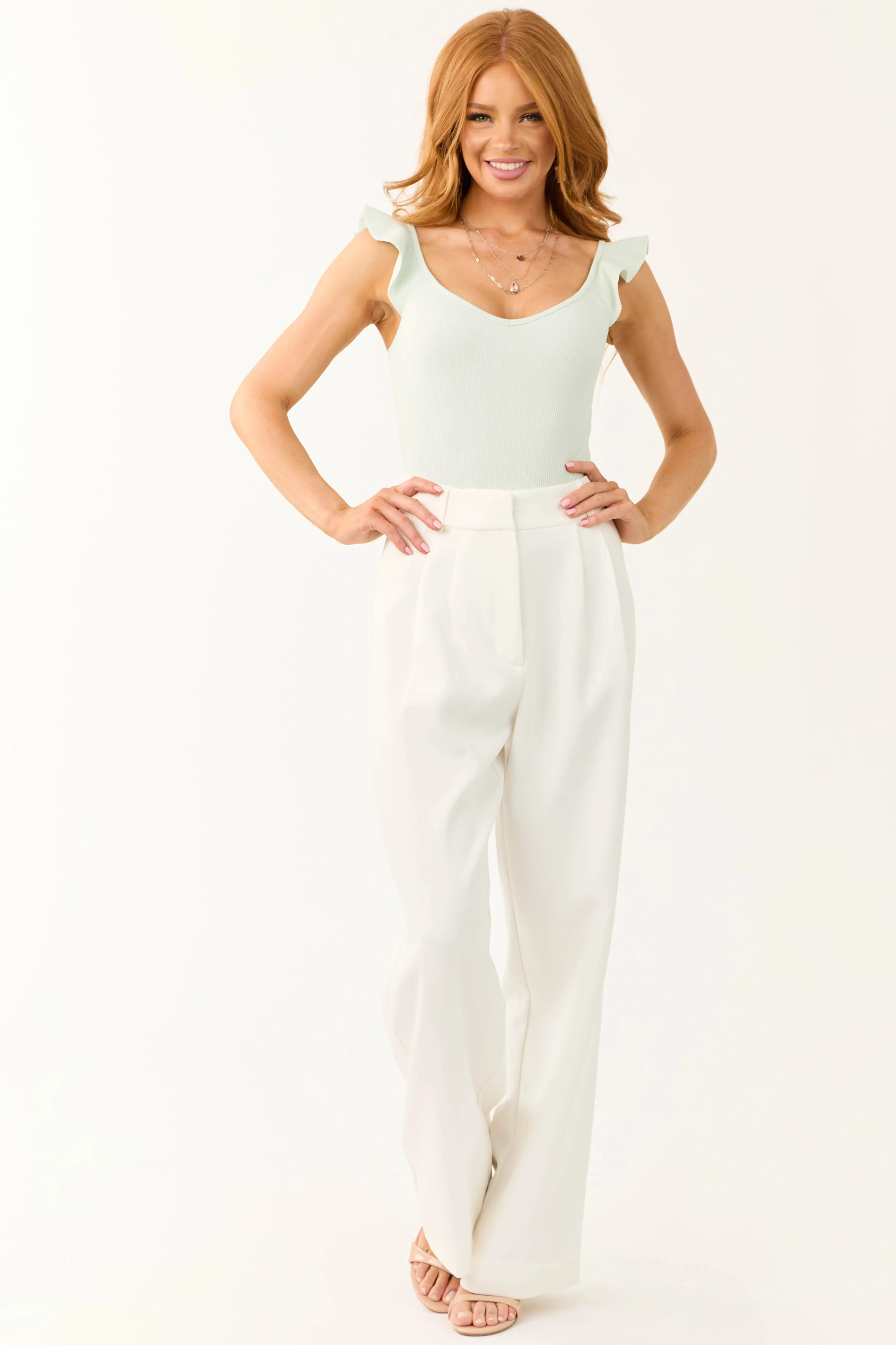Light Mint Ruffle Cap Sleeve Ribbed Bodysuit sold by Lime Lush product image thumbnail 2