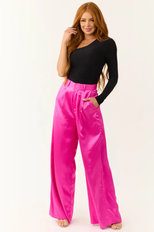 Magenta High Rise Wide Leg Satin Trousers sold by Lime Lush