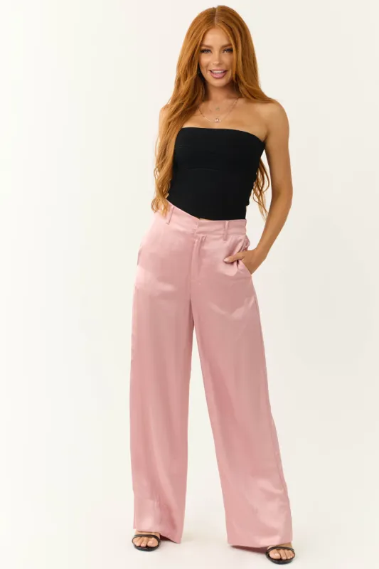Dusty Blush Satin High Waist Wide Leg Pants sold by Lime Lush