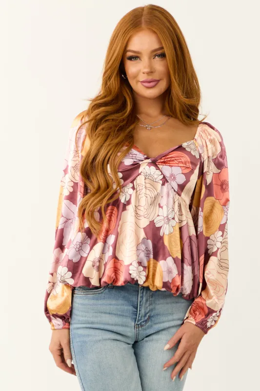 Berry Floral Print Silk Long Sleeve Blouse sold by Lime Lush
