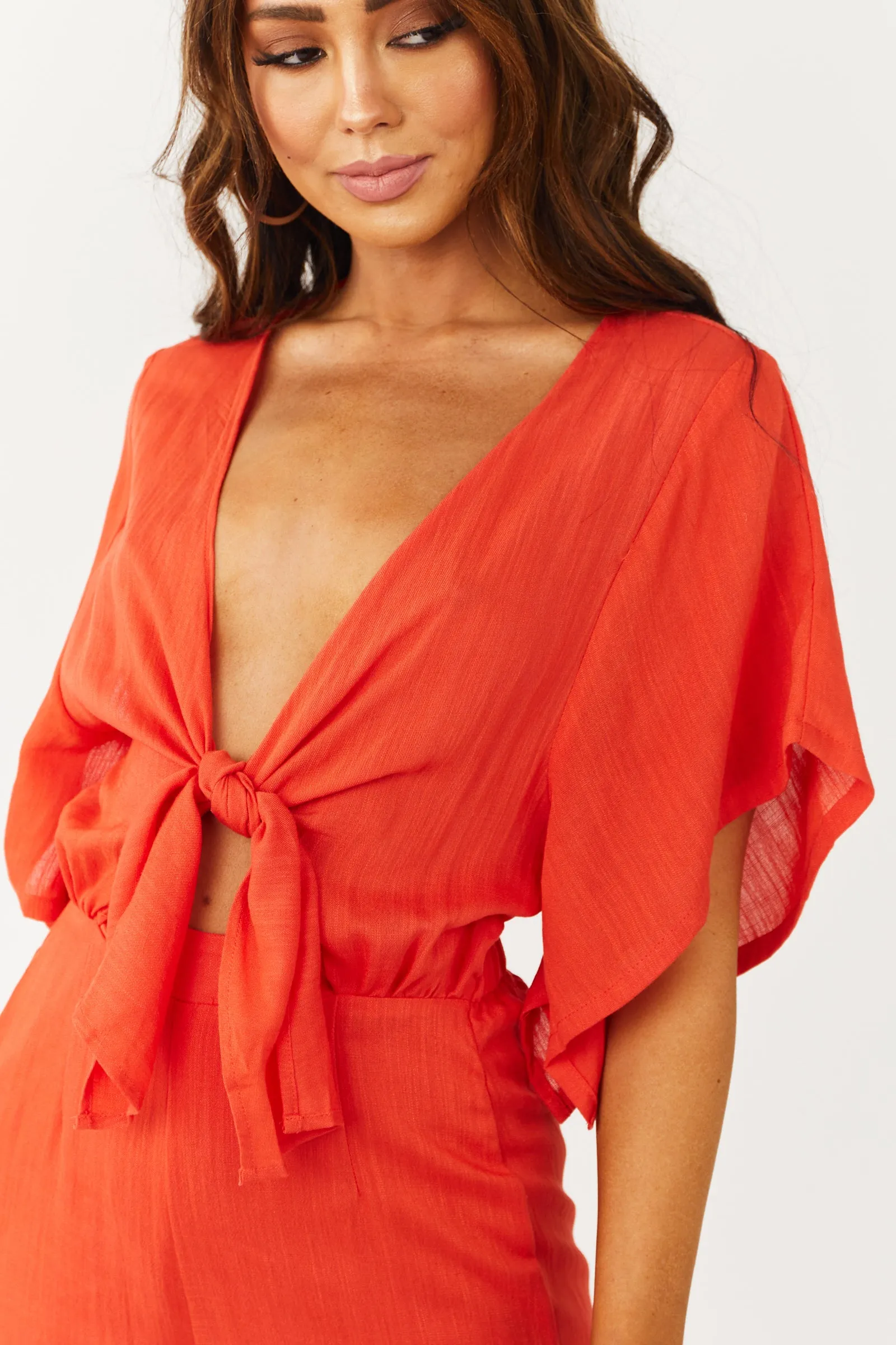 Bright Fire Plunging V Neck Wide Leg Jumpsuit sold by Lime Lush product image thumbnail 5