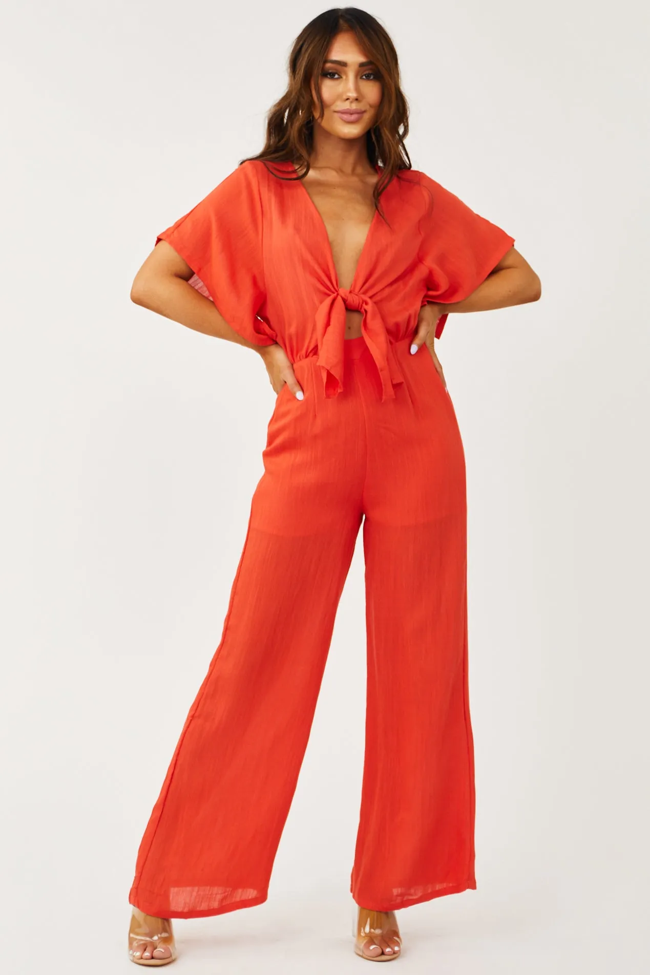Bright Fire Plunging V Neck Wide Leg Jumpsuit sold by Lime Lush product image thumbnail 3