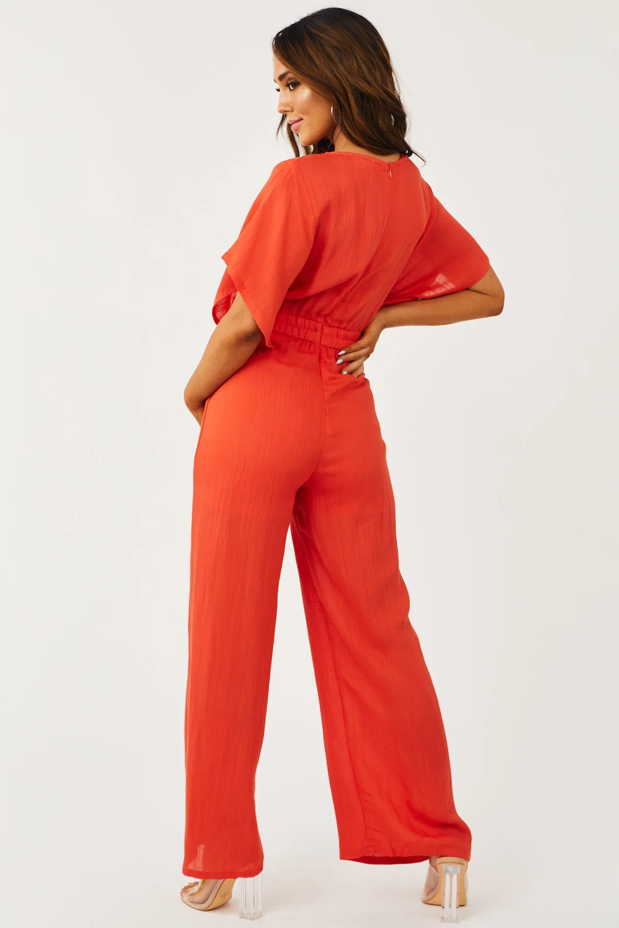 Bright Fire Plunging V Neck Wide Leg Jumpsuit sold by Lime Lush product image thumbnail 4