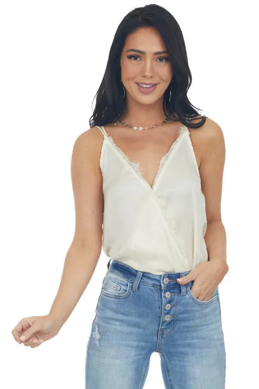 Ivory Surplice Woven Camisole Top with Lace Trim made by Wishlist