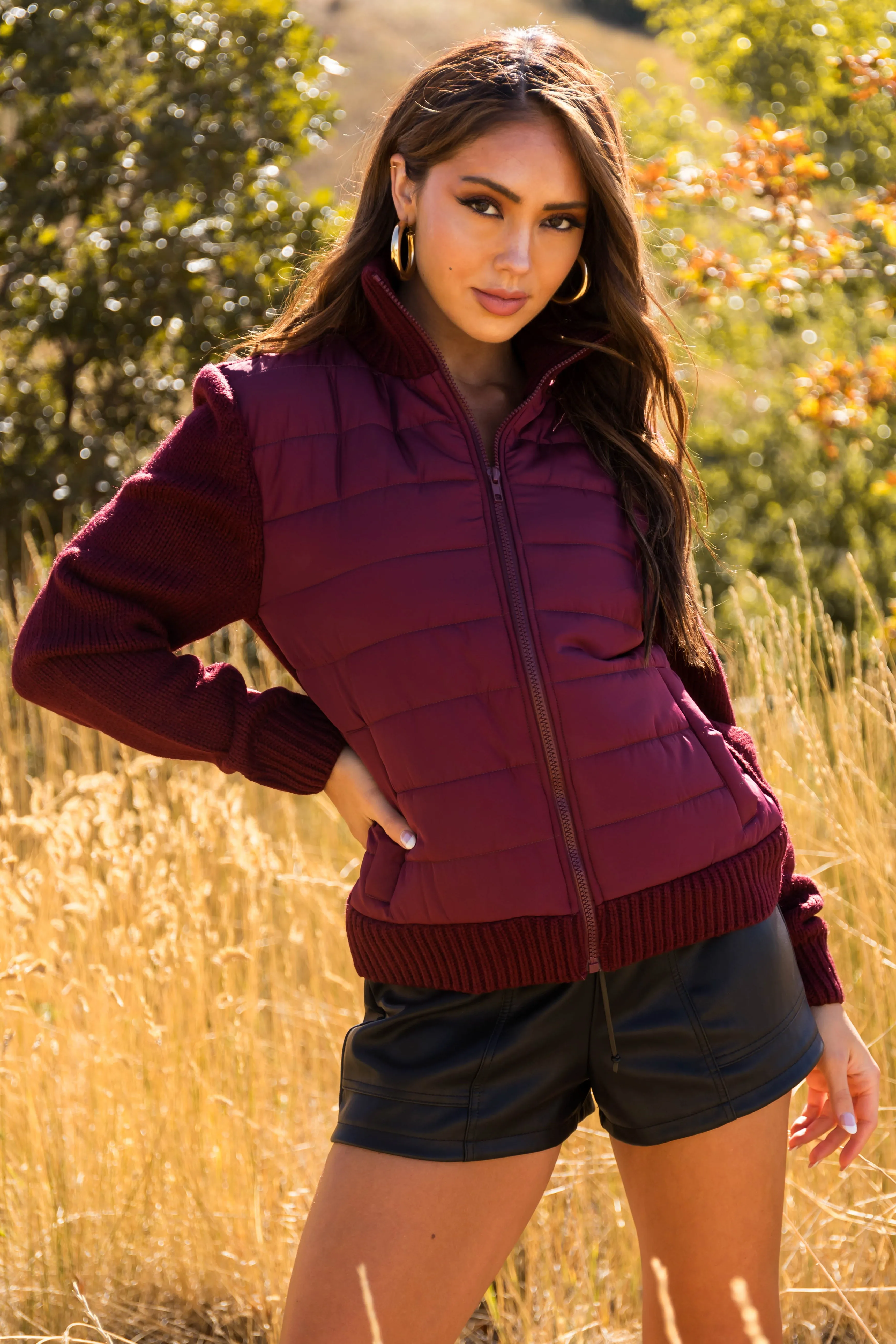 Wine Long Sleeve Hybrid Sweater Jacket sold by Lime Lush
