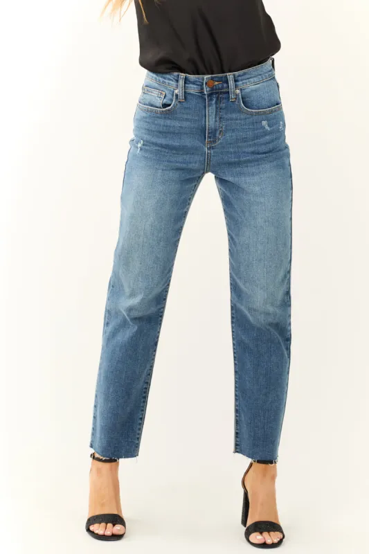 Sneak Peek Medium Wash High Rise Raw Hem Jeans sold by Lime Lush
