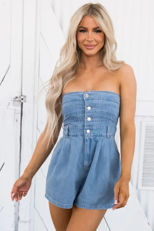 Flying Tomato Medium Wash Strapless Romper sold by Lime Lush