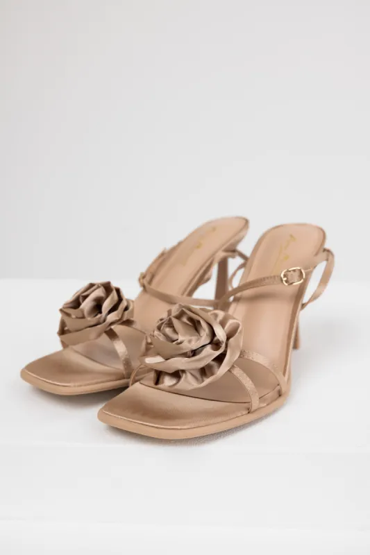 Camel Satin Flower Strap Dress Heels sold by Lime Lush