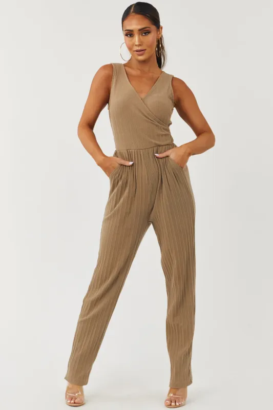 Latte Faux Wrap Sleeveless Ribbed Knit Jumpsuit sold by Lime Lush