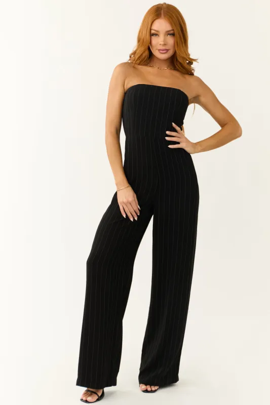 Black Vertical Pinstripe Strapless Jumpsuit sold by Lime Lush