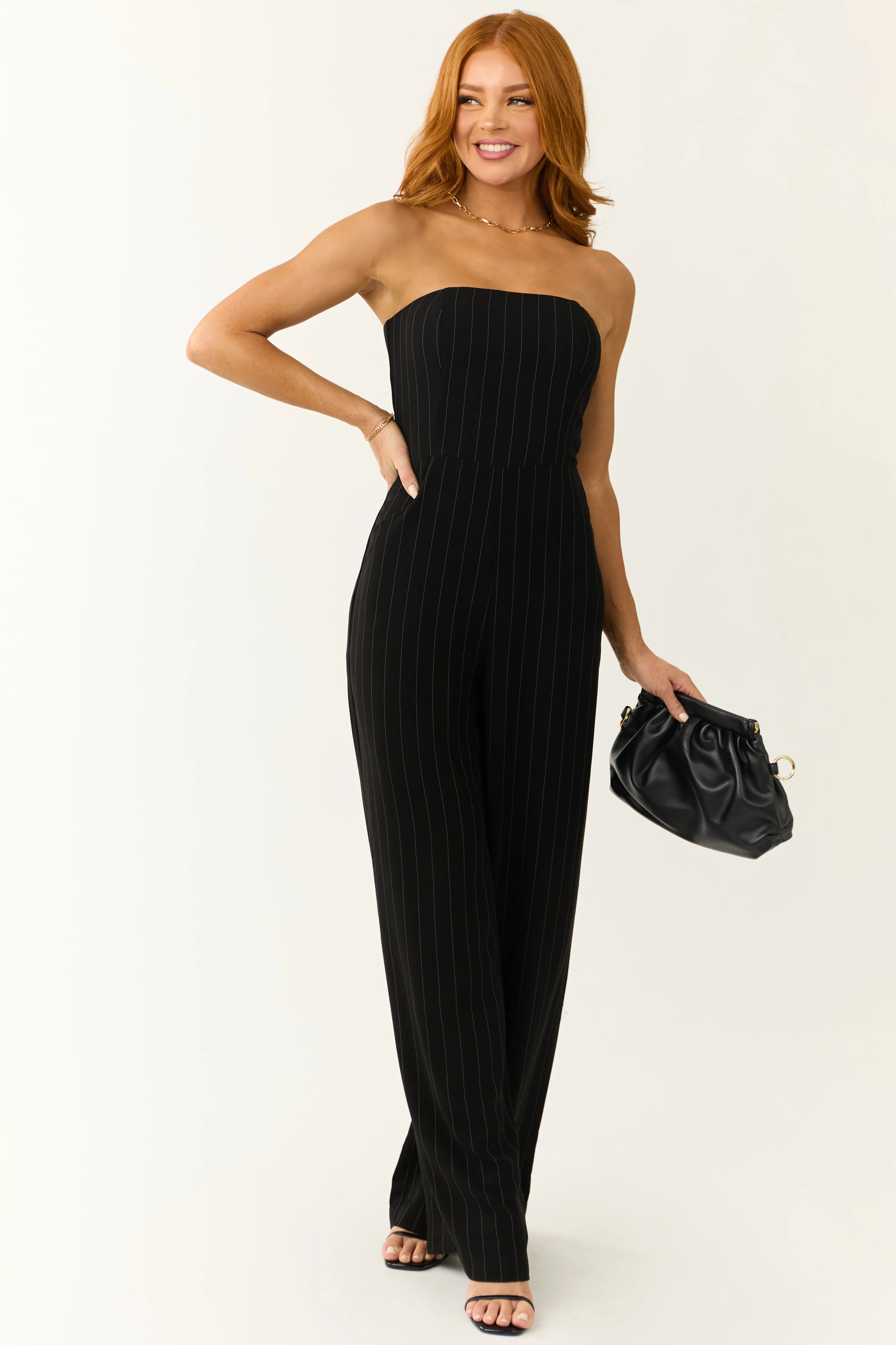 Black Vertical Pinstripe Strapless Jumpsuit sold by Lime Lush product image thumbnail 3
