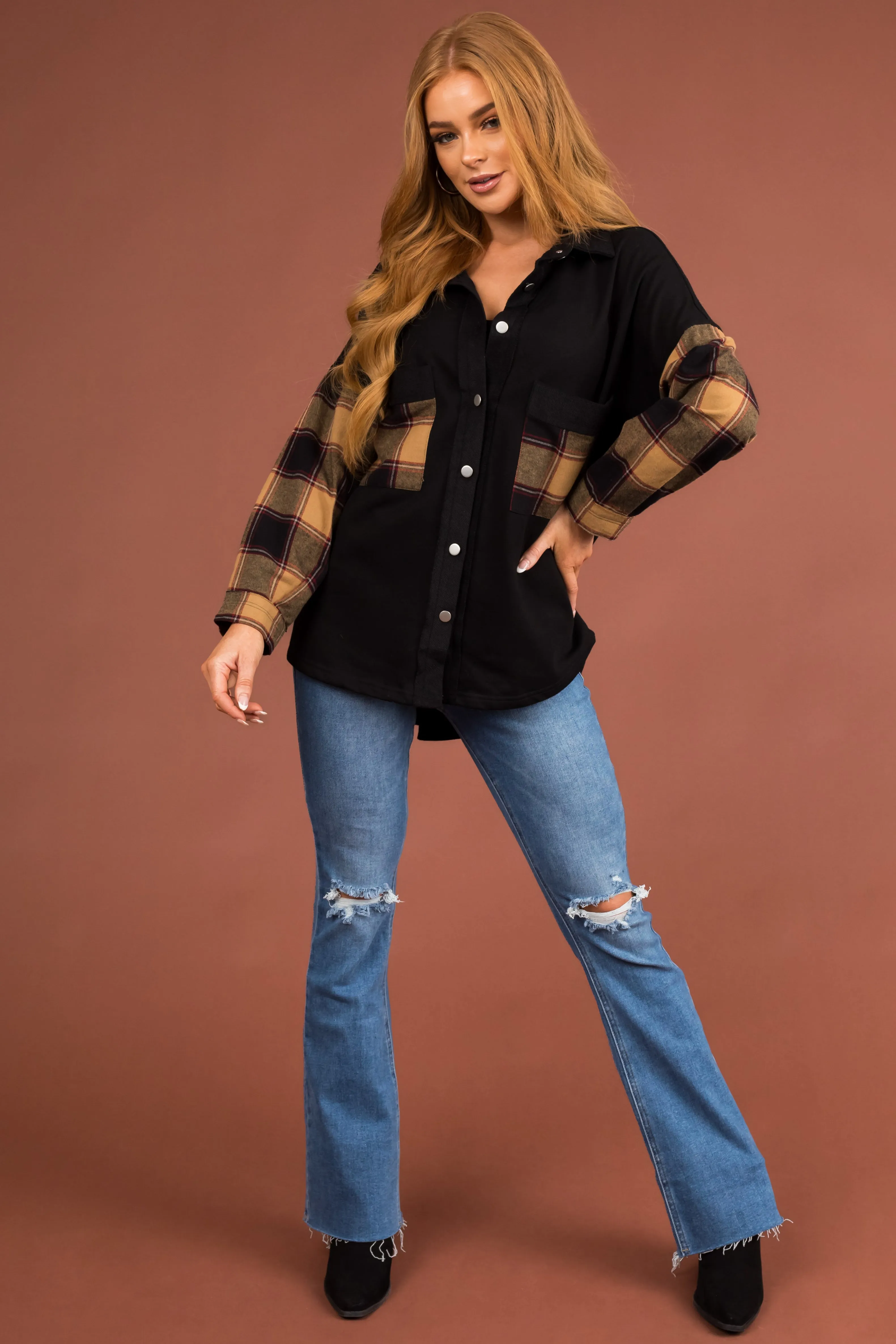 Black Plaid Contrast Chest Pocket Oversized Shacket sold by Lime Lush product image thumbnail 4