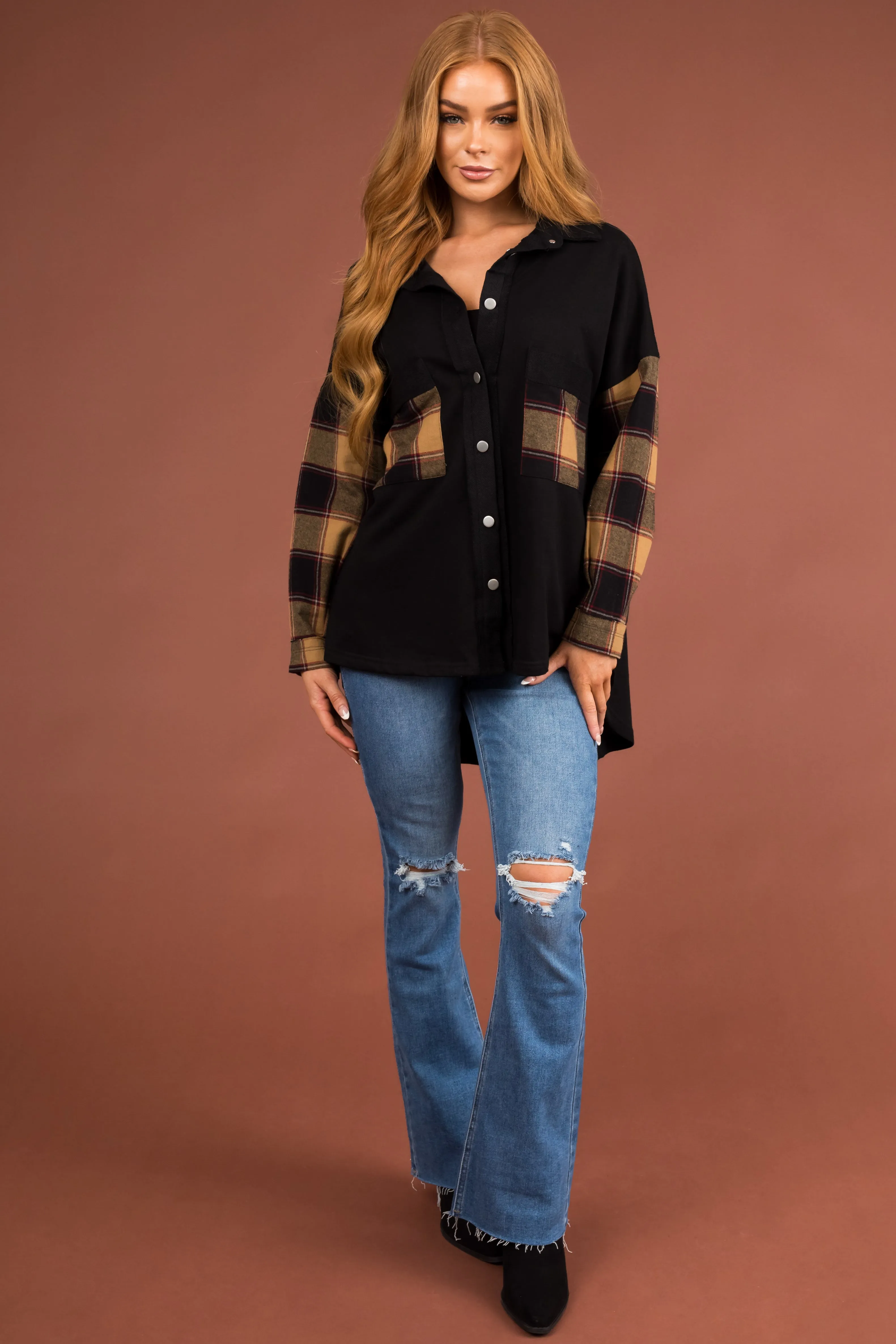 Black Plaid Contrast Chest Pocket Oversized Shacket sold by Lime Lush product image thumbnail 3