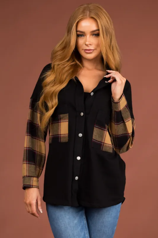Black Plaid Contrast Chest Pocket Oversized Shacket sold by Lime Lush
