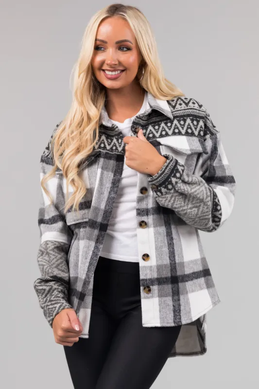 Heather Grey Plaid Shacket with Aztec Print Contrast sold by Lime Lush