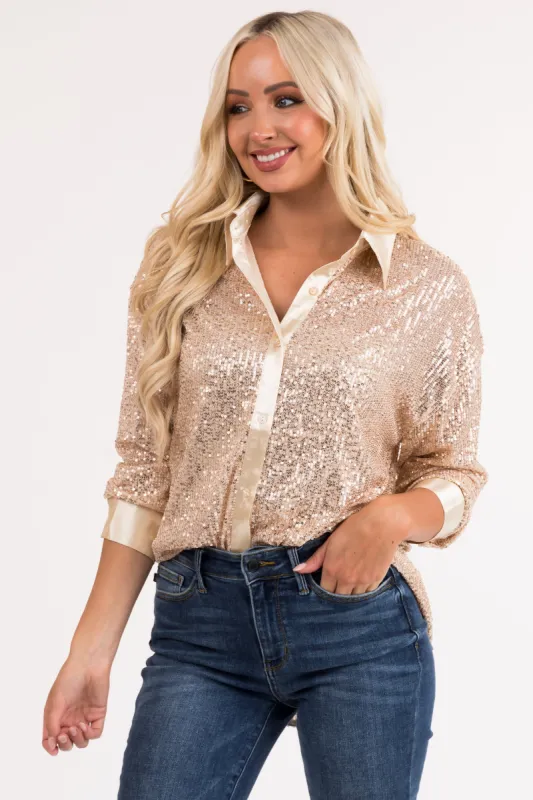 Champagne Sequin Button Down Long Sleeve Top sold by Lime Lush