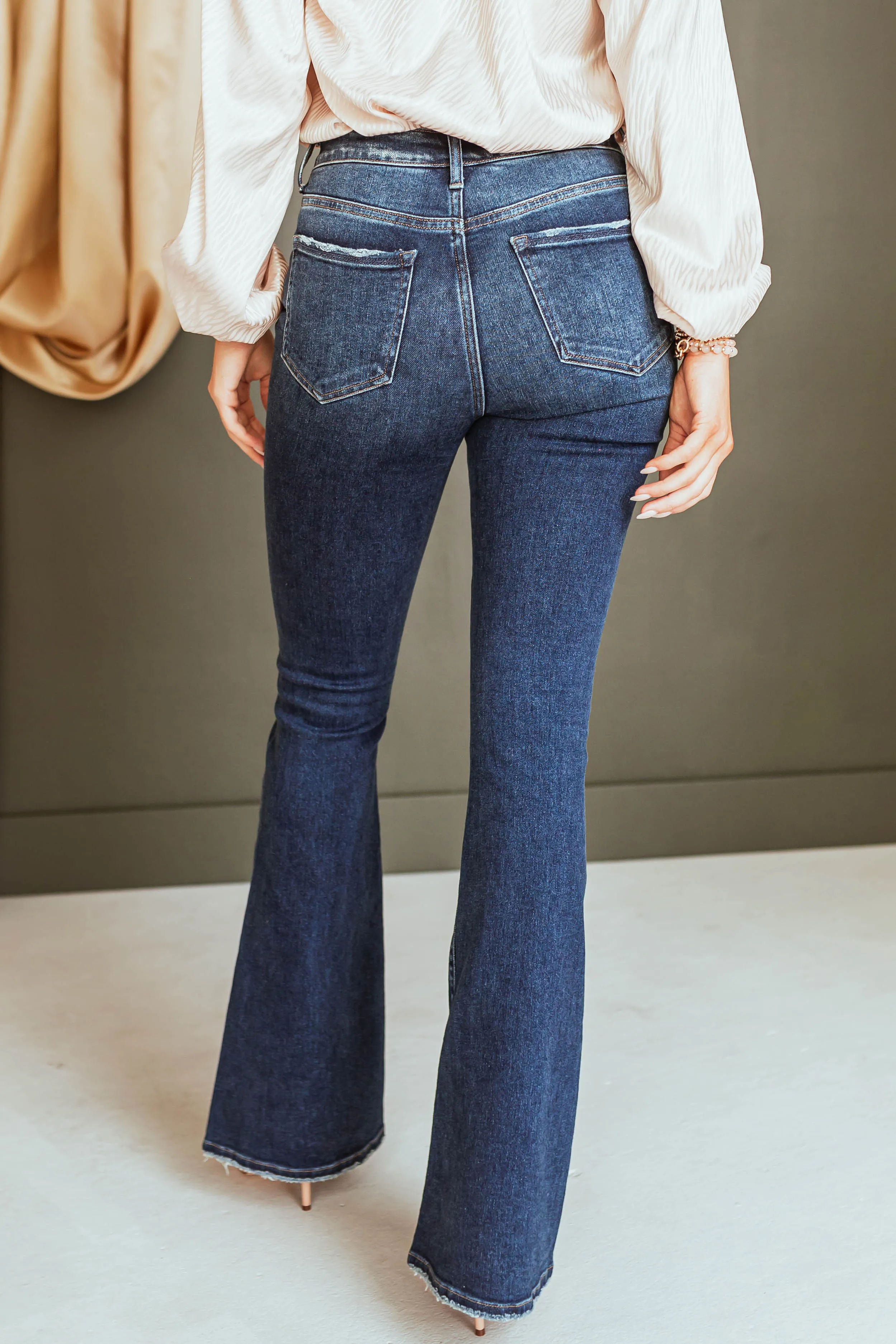 Mica Denim Dark Wash High Rise Flare Denim Zipper Fly Jeans sold by Lime Lush product image thumbnail 3