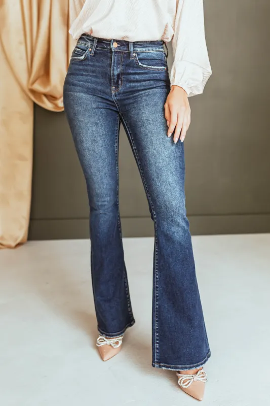 Mica Denim Dark Wash High Rise Flare Denim Zipper Fly Jeans sold by Lime Lush