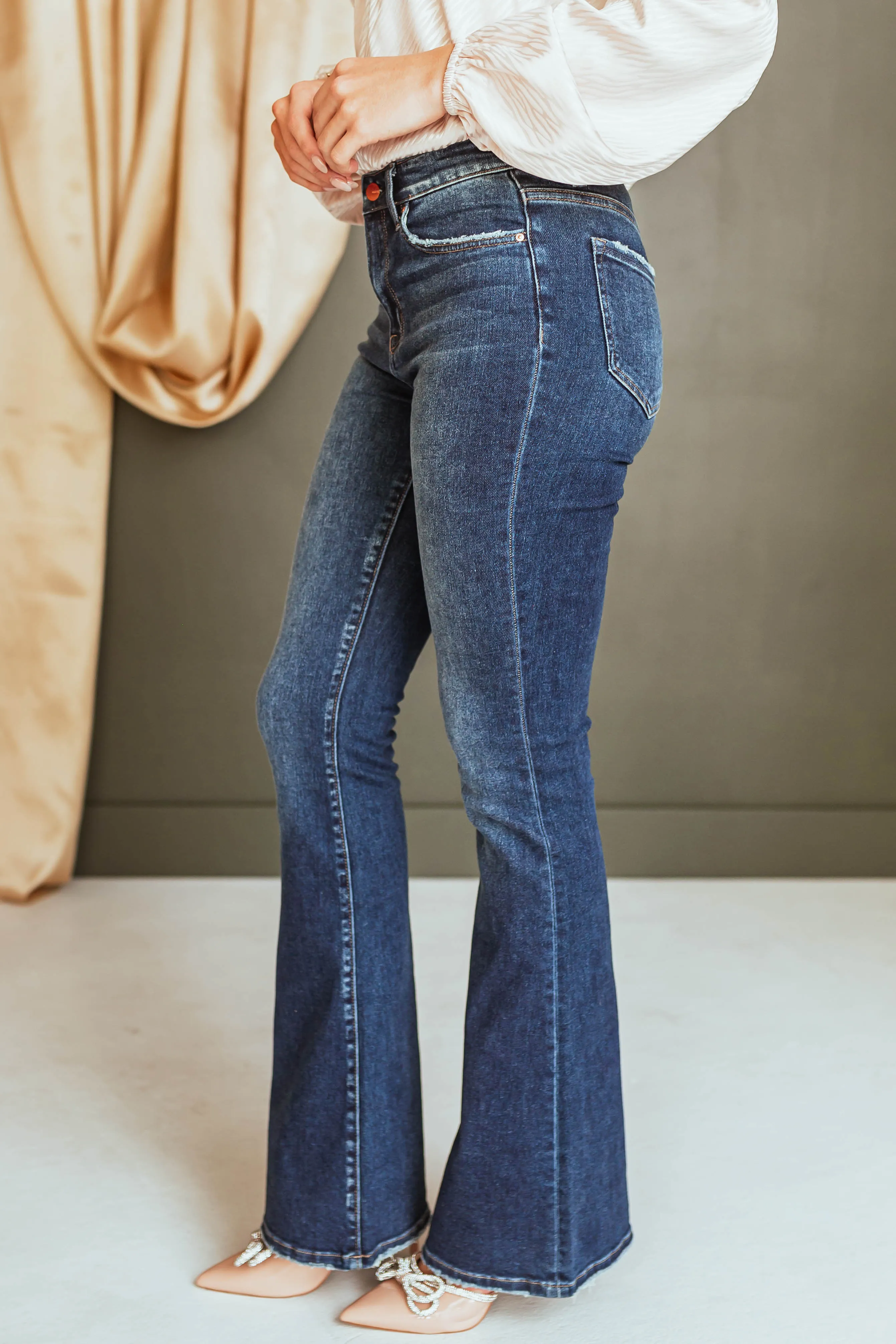 Mica Denim Dark Wash High Rise Flare Denim Zipper Fly Jeans sold by Lime Lush product image thumbnail 2