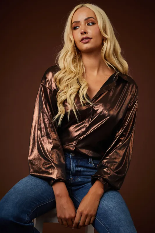 Bronze Metallic Button Down Collared Blouse sold by Lime Lush