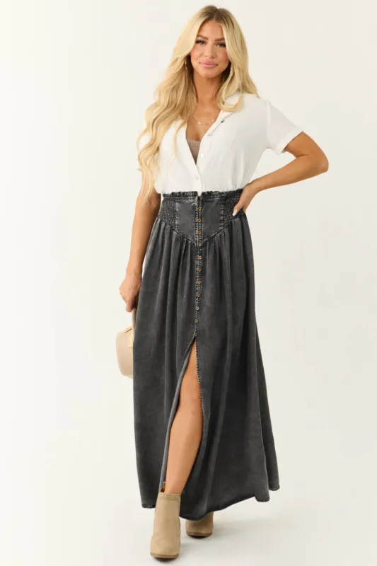 Graphite Acid Washed Denim Smocked Maxi Skirt sold by Lime Lush