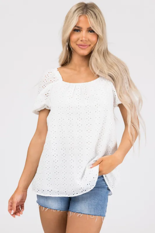 Off White Eyelet Detail Puff Half Sleeve Top sold by Lime Lush