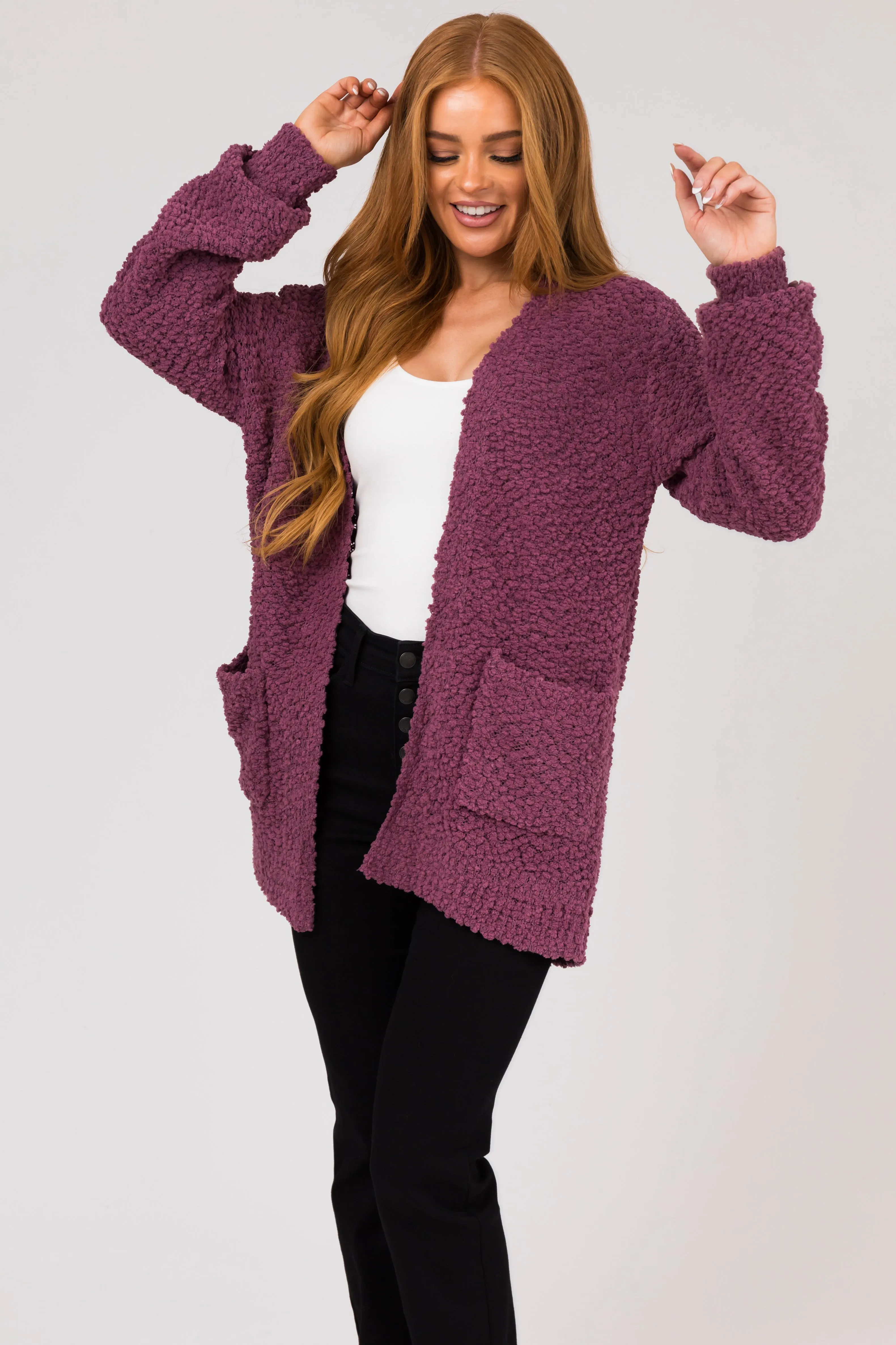 Berry Popcorn Knit Open Front Cardigan sold by Lime Lush product image thumbnail 2