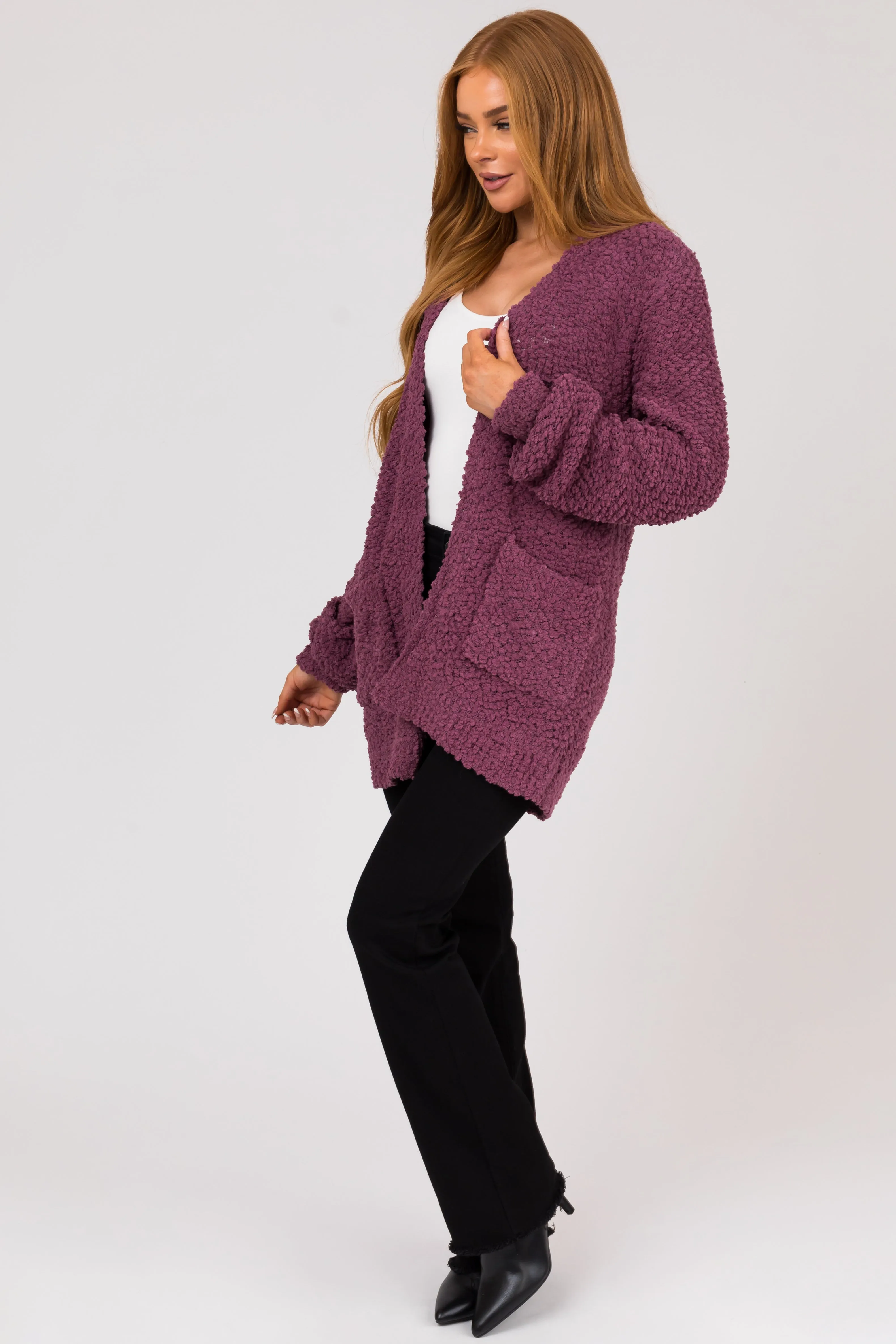 Berry Popcorn Knit Open Front Cardigan sold by Lime Lush product image thumbnail 5