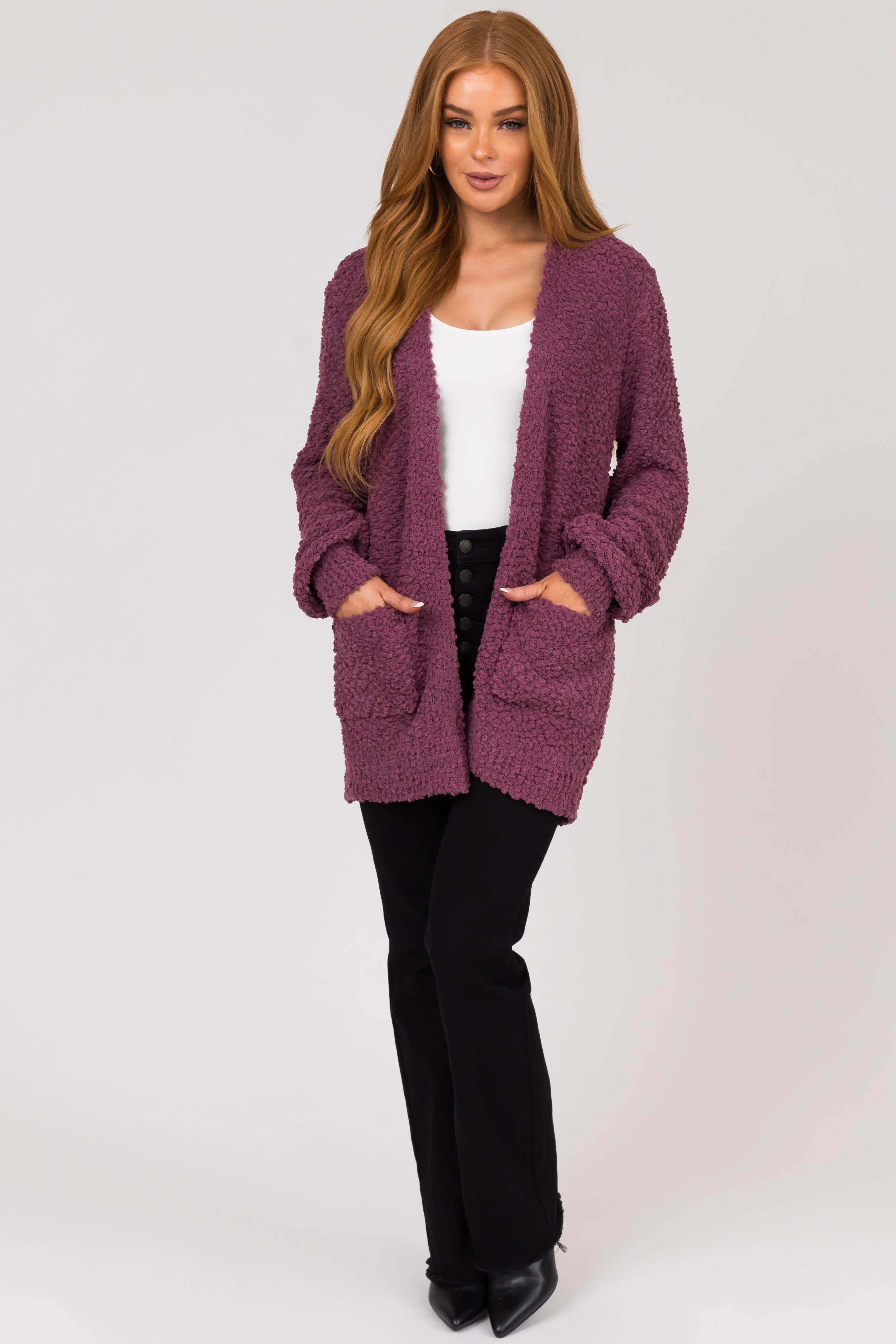 Berry Popcorn Knit Open Front Cardigan sold by Lime Lush product image thumbnail 3