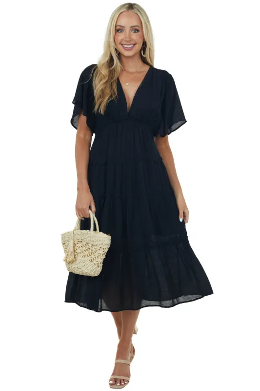 Black Plunge Neck Tiered Midi Dress made by Umgee