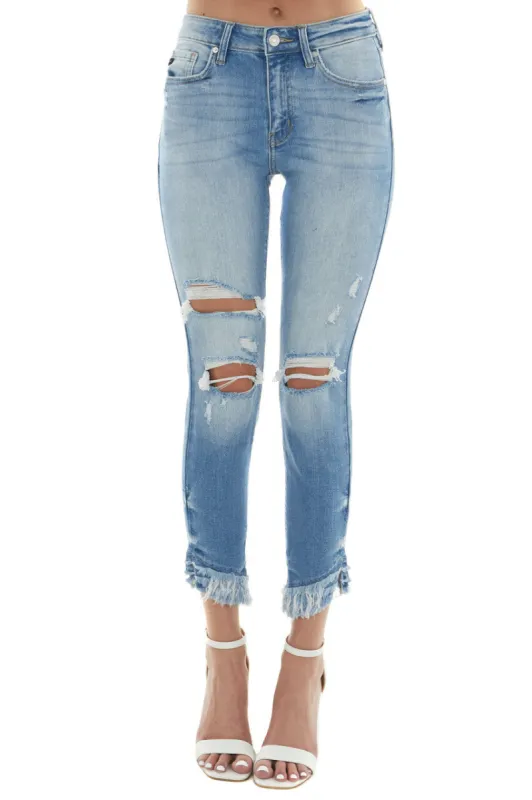 KanCan Medium Wash High Rise Tiered Frayed Hem Jeans sold by Lime Lush